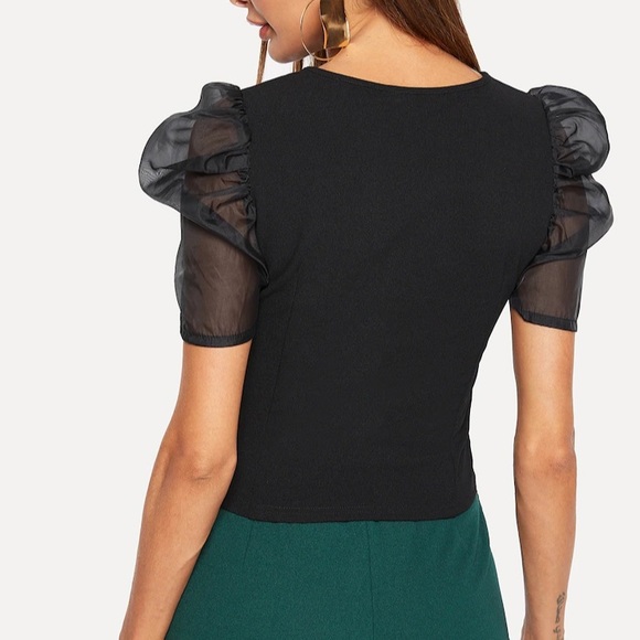 Sheer Mesh Puff Sleeve Bodycon Top - Picture 3 of 5